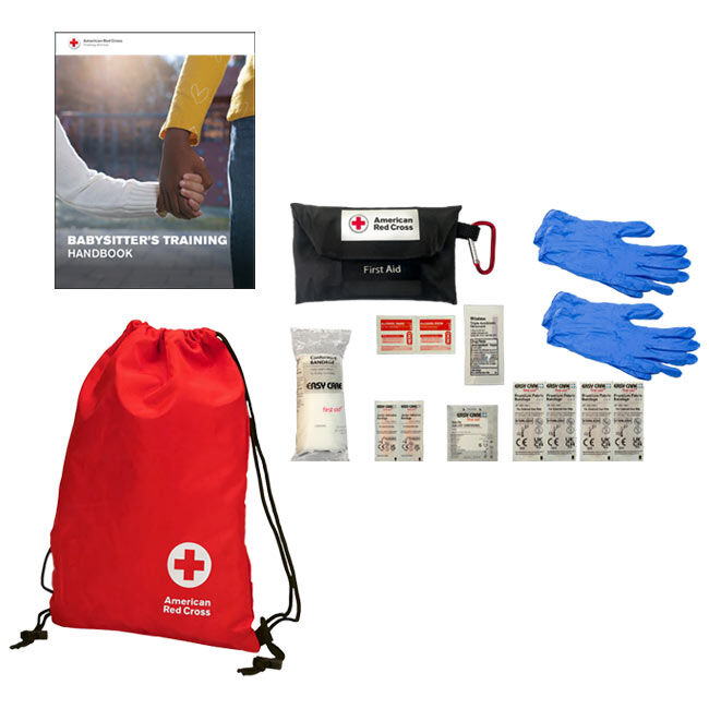 Babysitter's Training Participant Kit contents: Babysitter's Training Handbook, String Bag, First Aid Keychain, and first aid supplies.