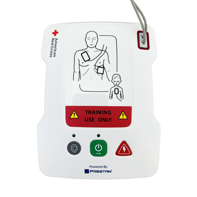 American Red Cross Prestan AED Trainer - front view showing the power buttons and AED pad placement imagery.