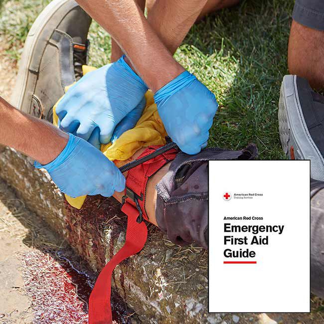 People applying a SOF Tactical Tourniquet to control bleeding on another person's leg, and an image of the Red Cross Emergency First Aid Guide cover.