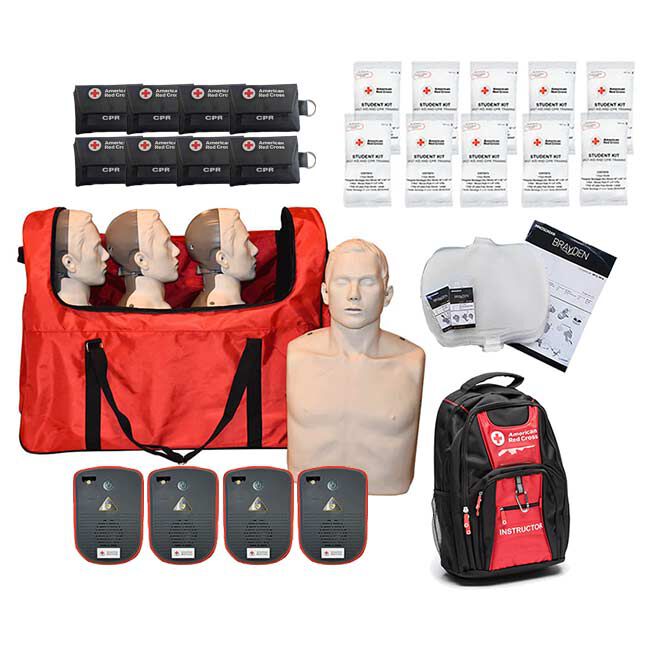 Brayden/BigRed Adult CPR Manikins, AED Trainers, Lung Bags, Red Carry Case, CPR Keychains, and Instructor Kits.
