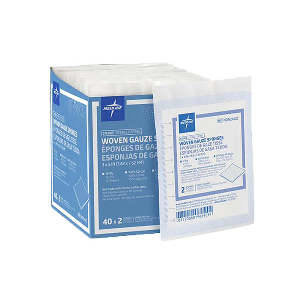 3-inch x 3-inch Woven Gauze Pads, 40 Packages of 2 Each.