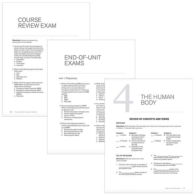 Emergency Medical Response (EMR) Workbook collage of Course Review Exam, End-of-Unit Exams, and The Human Body Review of Concepts and Terms pages.