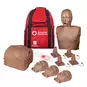 Brown Prestan Adult CPR Manikin stood upright, 3 stacked manikin chests, 3 manikin heads, 4 feedback pistons, Red Cross carrying case, and face shield.
