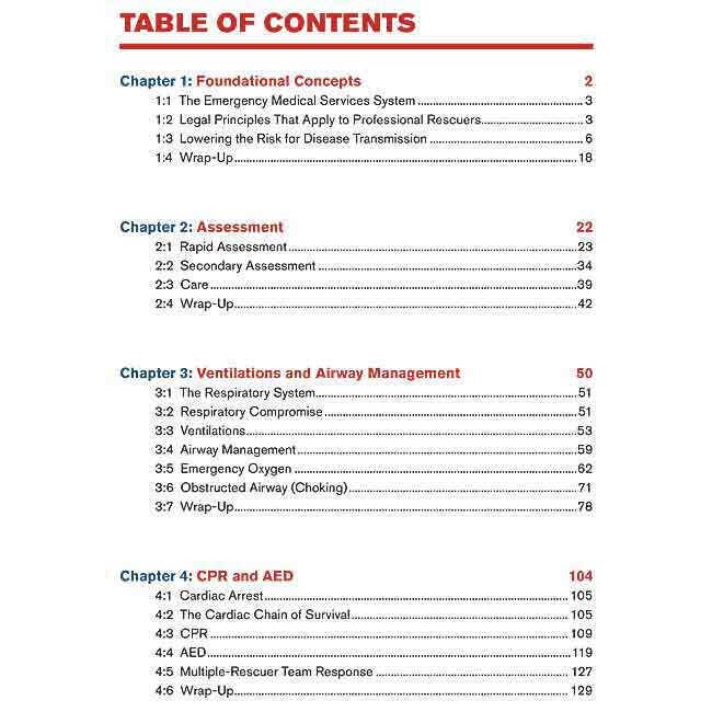 Table of Contents for CPR/AED for Professional Rescuers (CPRO) Participant's Handbook showing chapters including Foundational Concepts, Assessment, Ventilations and Airway Management, and CPR and AED.