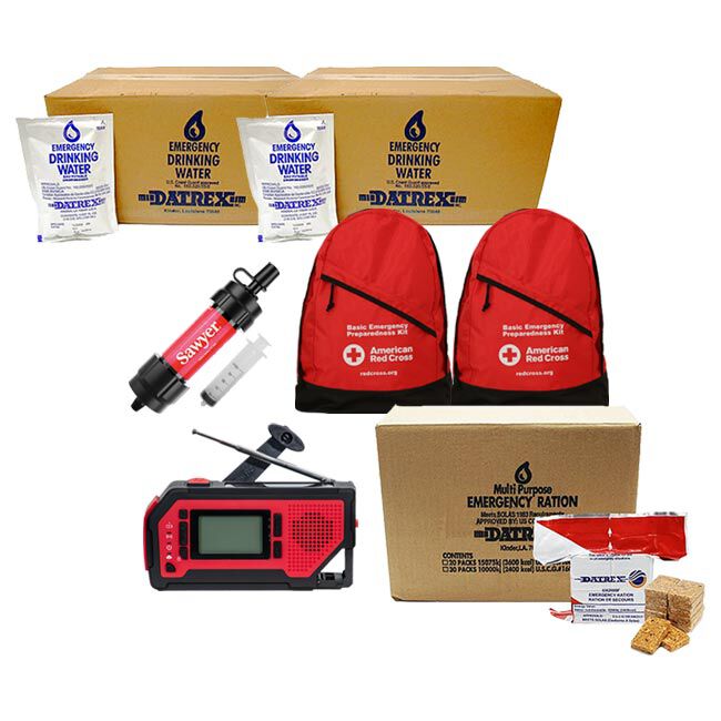 10-Person, 3-Day 72 hour Emergency Preparedness Supplies Set with two Red Cross emergency backpacks, hygiene kits, cases of emergency drinking water, DATREX emergency food bars, Sawyer mini water filter, and hand crank emergency radio.