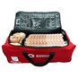 12 Prestan Ultralite Adult CPR Manikins stacked together inside a carrying case with stacking instructions shown on the interior lid flap of the case.