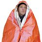 A person wearing the Survive Outdoors Longer (SOL) Emergency Blanket.