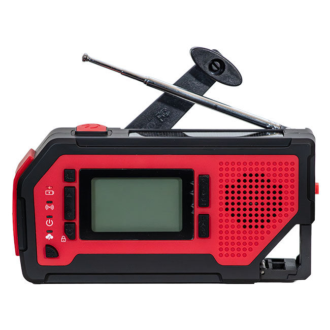 Hand crank emergency radio and LED flashlight with AM/FM/NOAA weather alerts, solar panel, USB phone charger, 2000mAh power bank, compact red-and-black design with digital display, antenna, and manual crank for backup power.
