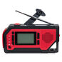 Hand crank emergency radio and LED flashlight with AM/FM/NOAA weather alerts, solar panel, USB phone charger, 2000mAh power bank, compact red-and-black design with digital display, antenna, and manual crank for backup power.