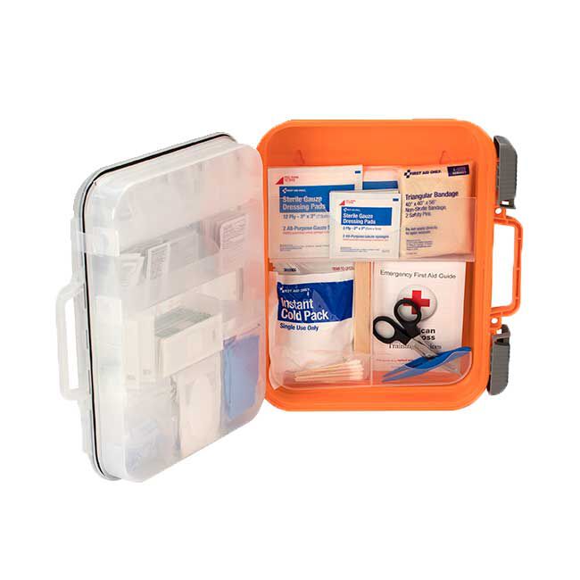 Large, 50 Person Red Cross First Aid Kit, open, showing kit contents including bandages, cold pack, first aid guide, scissors, tweezers, and cotton tipped applicators.