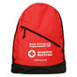 Basic 5-Person, 72-Hour (3-Day) Emergency Kit Backpack by the American Red Cross — Red backpack with logo, designed to carry emergency supplies like blankets, ponchos, masks, hygiene kits, flashlight, gloves, and a collapsible water container.