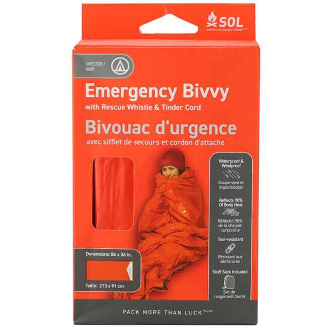 Survive Outdoors Longer (SOL) Emergency Bivvy with Rescue Whistle Packaging.
