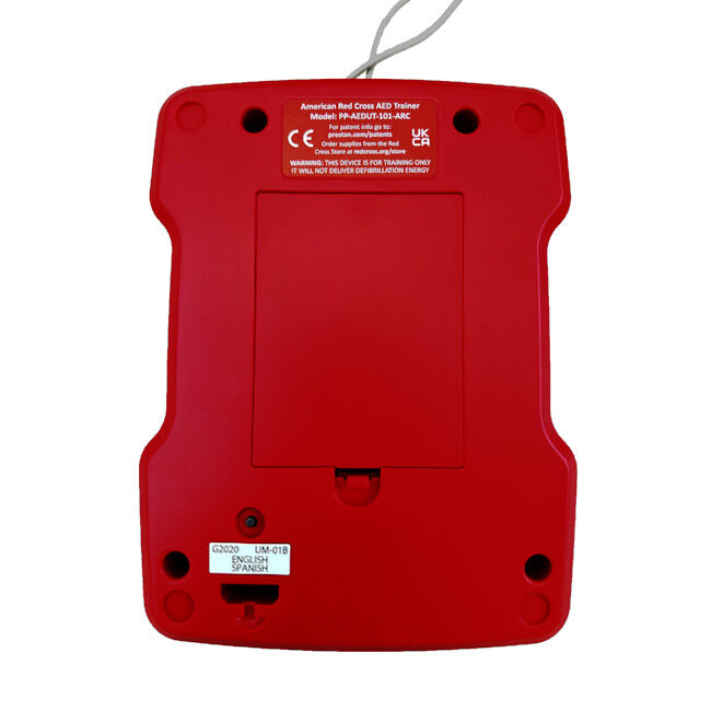 American Red Cross Prestan AED Trainer - back view showing the battery compartment.
