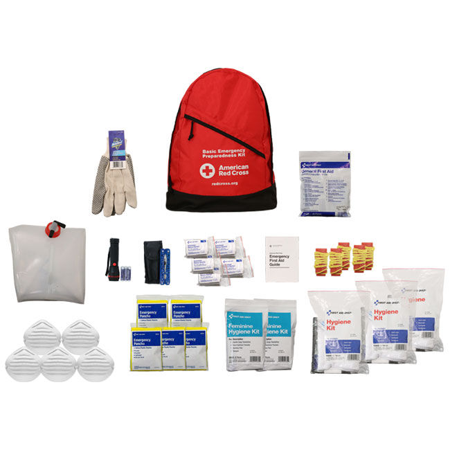 Basic 5-Person, 3-Day 72 Hour Emergency Preparedness & Hygiene Kit backpack from the American Red Cross. Red pack with ponchos, blankets, masks, hygiene items, flashlight, gloves, first aid, multi-tool, whistles, and collapsible water container.
