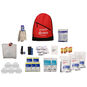 Basic 5-Person, 3-Day 72 Hour Emergency Preparedness & Hygiene Kit backpack from the American Red Cross. Red pack with ponchos, blankets, masks, hygiene items, flashlight, gloves, first aid, multi-tool, whistles, and collapsible water container.