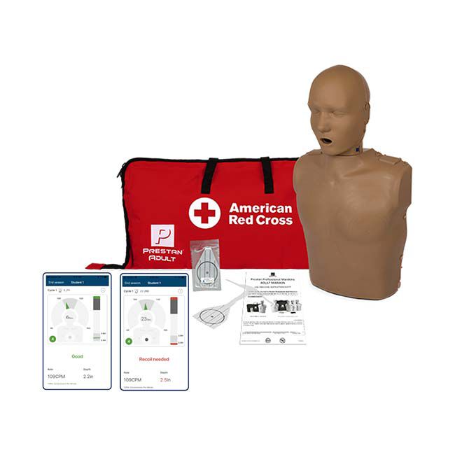 Prestan Professional Adult Series 2000 CPR Training Manikin, American Red Cross carrying case, instruction sheet, and screenshots of the Prestan CPR Feedback App.