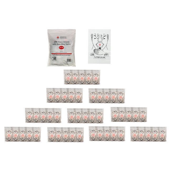 50 CPR Face Shields, the product packaging and instructions for use.