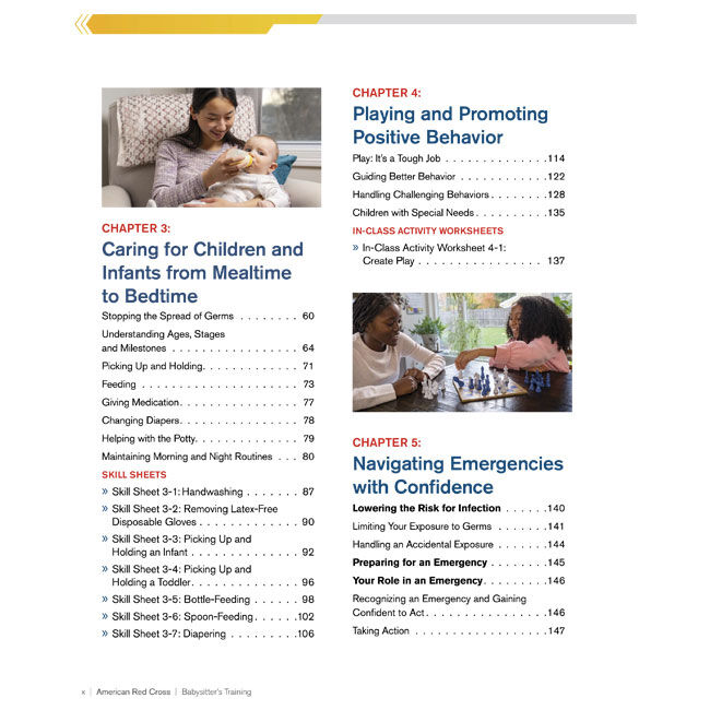 Babysitter Training Handbook Table of Contents with topics: Caring for Children and Infants from Mealtime to Bedtime, Playing and Promoting Positive Behavior and Navigating Emergencies with Confidence.