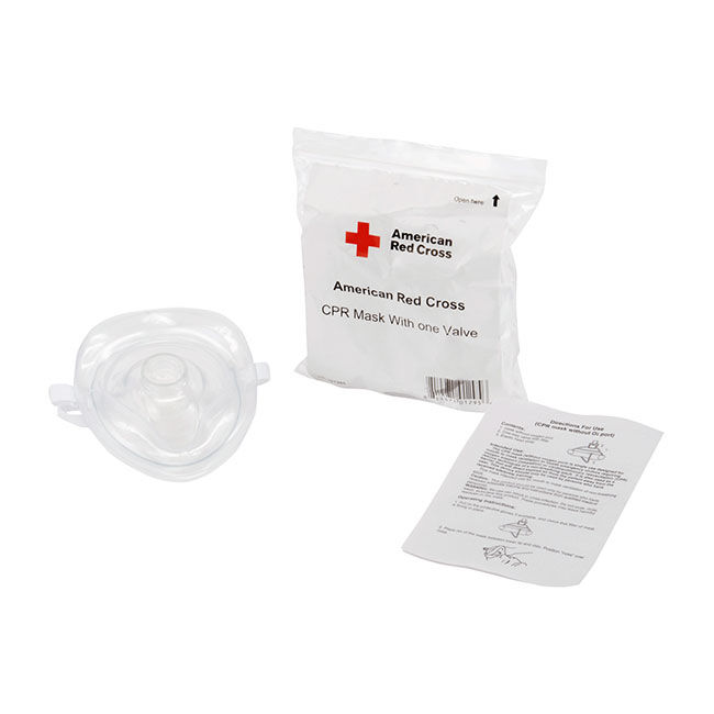 Adult/Child CPR Mask with One Valve next to packaging with American Red Cross logo and a pamphlet showing directions for using the CPR Mask.