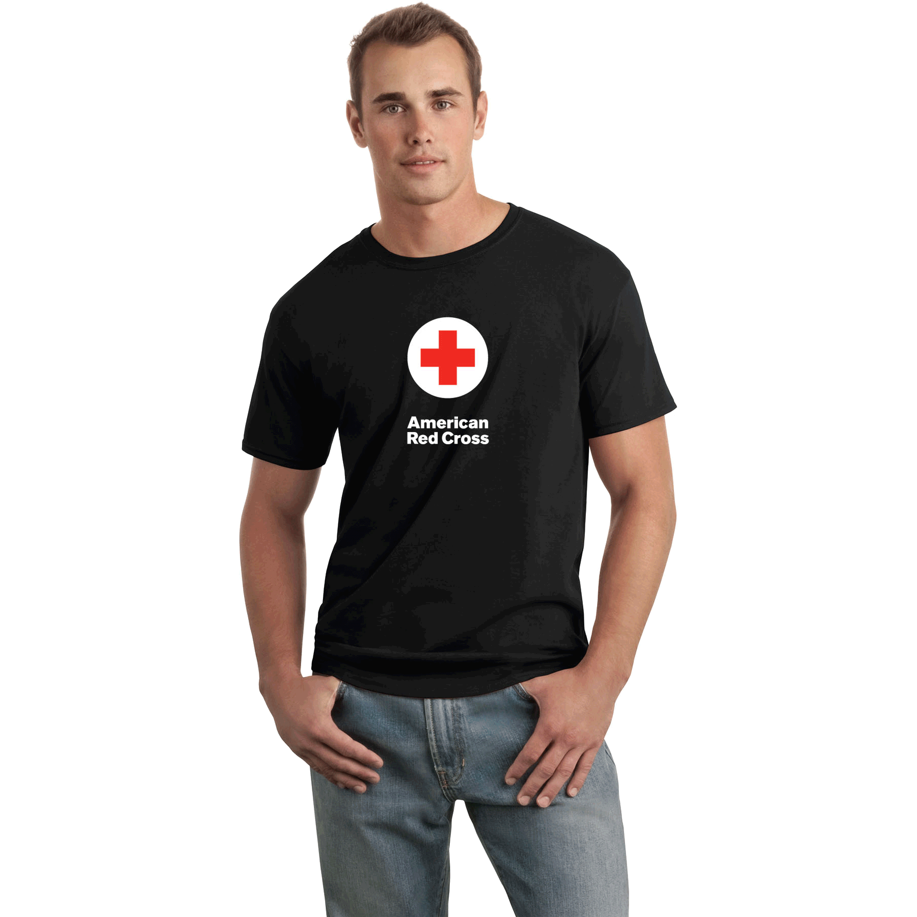black shirt with red logo