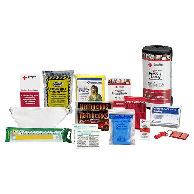 Deluxe Personal Safety Emergency Pack items including Drinking Water, Heatworks Warmers, Emergency Blanket, Whistle, Hand Sanitizer, Gloves, Light Stick, Wipes, and Bandages.