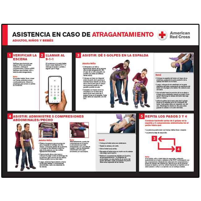 American Red Cross poster for caring for choking for adults, children, and infants with instructions in Spanish.
