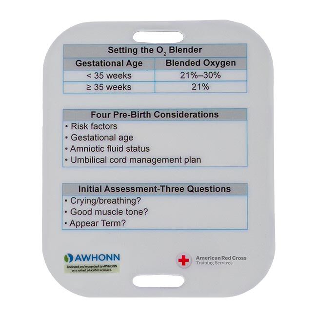 Neonatal Advanced Life Support (NALS) Badge Buddy showing O2 Blender settings, pre-birth considerations, and initial assessment questions.