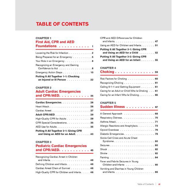 First Aid/CPR/AED Participant Manual - table of contents with overviews of Chapters 1-5.