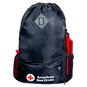 American Red Cross Drawstring Backpack with a CPR mask in one side pocket and a water bottle in the other side pocket.