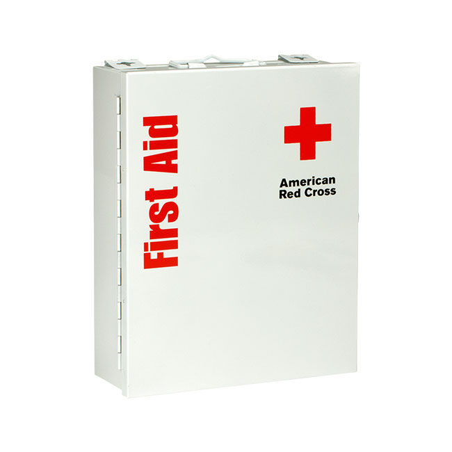 Metal cabinet of the Medium 25-Person Workplace ANSI A+ First Aid Kit showing the front and cabinet hinge on the side.