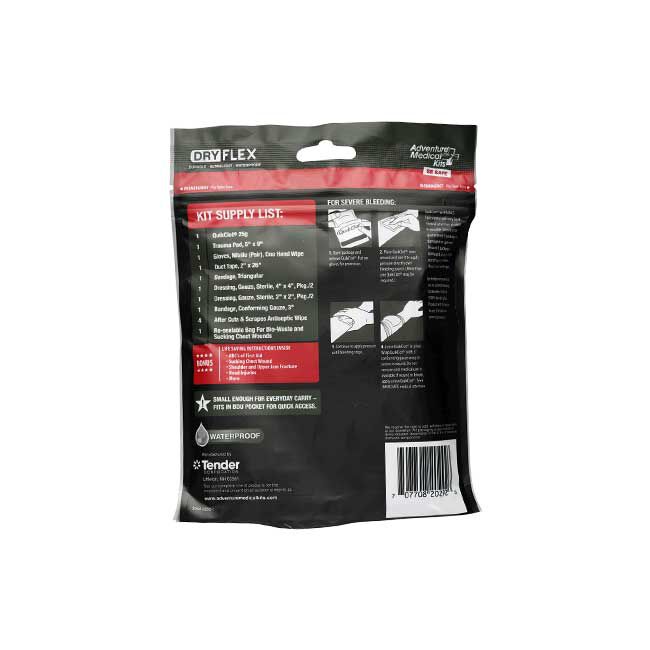 QuikClot Trauma Pak packaging - back view, showing kit supply list and instructions for severe bleeding.