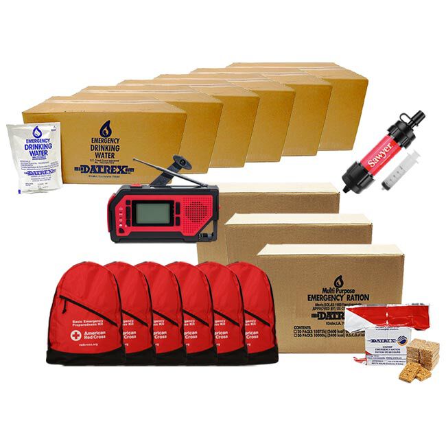 30-Person, 3-Day 72 hour Emergency Preparedness Supplies Set with six Red Cross backpacks, hygiene kits, six cases of emergency drinking water, three cases of DATREX food bars, Sawyer mini water filter, and hand crank emergency radio.