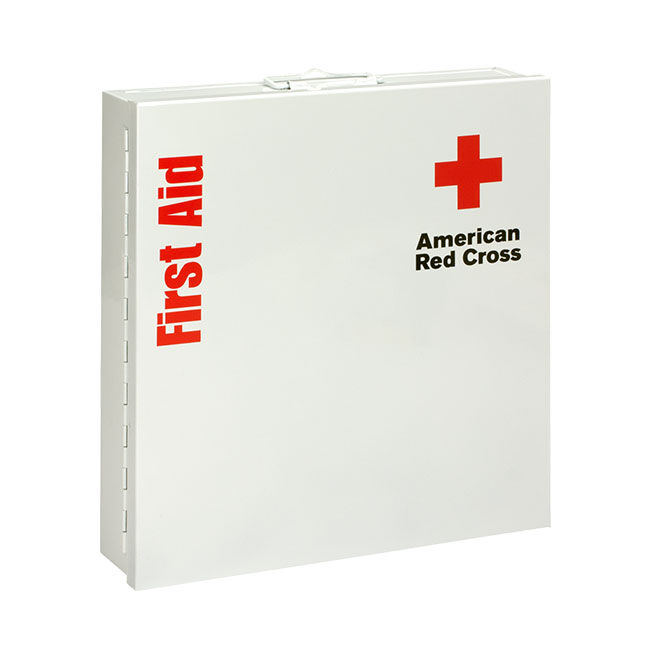 Metal cabinet of the Large 50-Person Workplace ANSI A+ First Aid Kit showing the front and cabinet hinge on the side.