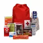 Car Survival Kit with Winter Supplies including Poncho, Pocket First Aid, Drinking Water, Survival Pouch, Rescue Blanket, Light Stick, Hand Warmers, Food Rations, and Poly-Cotton Gloves.