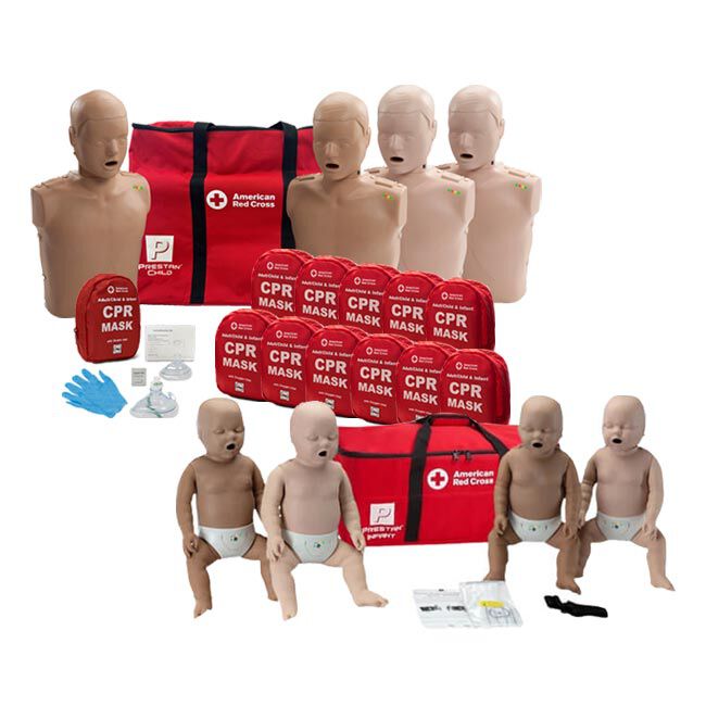 Babysitter's Training Instructor Starter Kit: Child and Infant CPR Manikins, CPR Masks, Red Cross Carrying Bags, and other supplies.