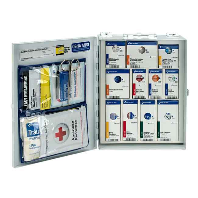 Medium 25-Person Workplace ANSI A+ First Aid Kit, open, showing the 94 contents.