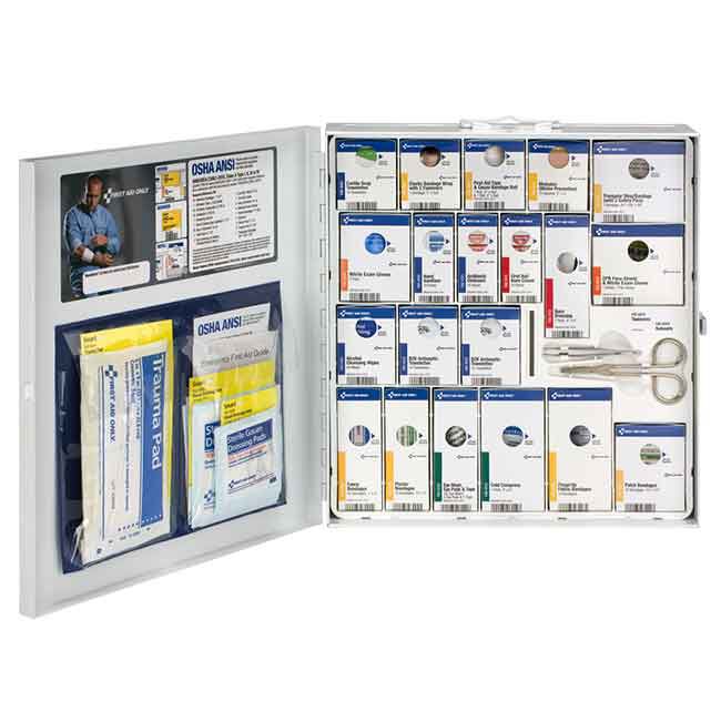 Large 50-Person Workplace ANSI A+ First Aid Kit, open, showing the 182 contents.
