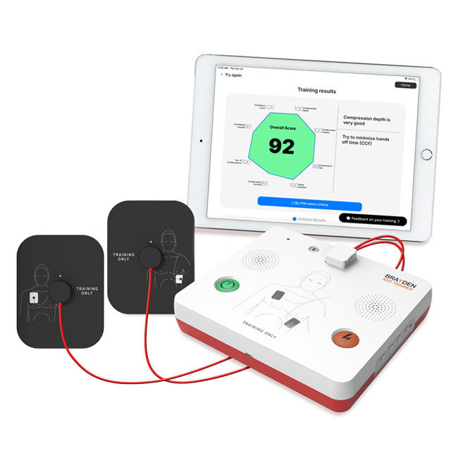 Brayden AED Trainer and a tablet showing AED training results.