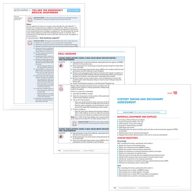 EMR Instructor Manual pages: medical responder scenario, skill session and the History Taking and Secondary Assessment Lesson.