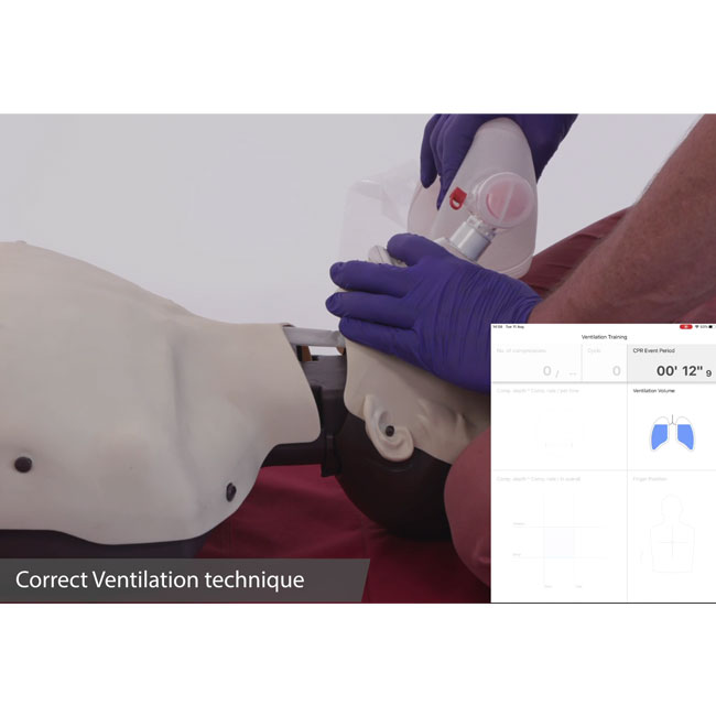 Brayden CPR Pro Adult Manikin with LED Feedback and an iPad showing CPR metrics.