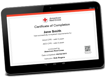 Red Cross certification of completion on a tablet