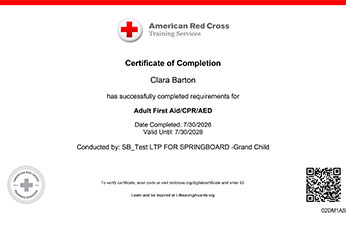 First Aid/CPR/AED Certificate of Completion from the American Red Cross